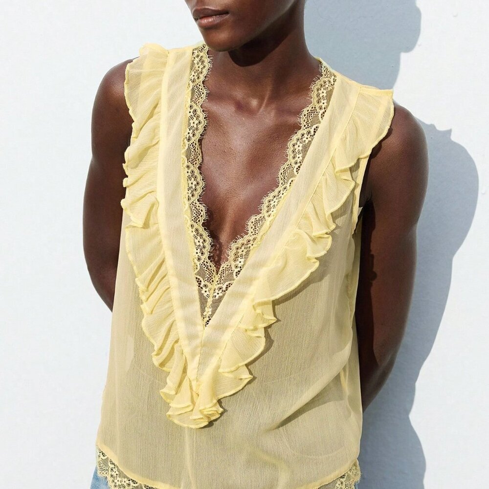 Yellow Casual Women's Lace Deep V Neck Sleeveless Blouse - Picture 3 of 7